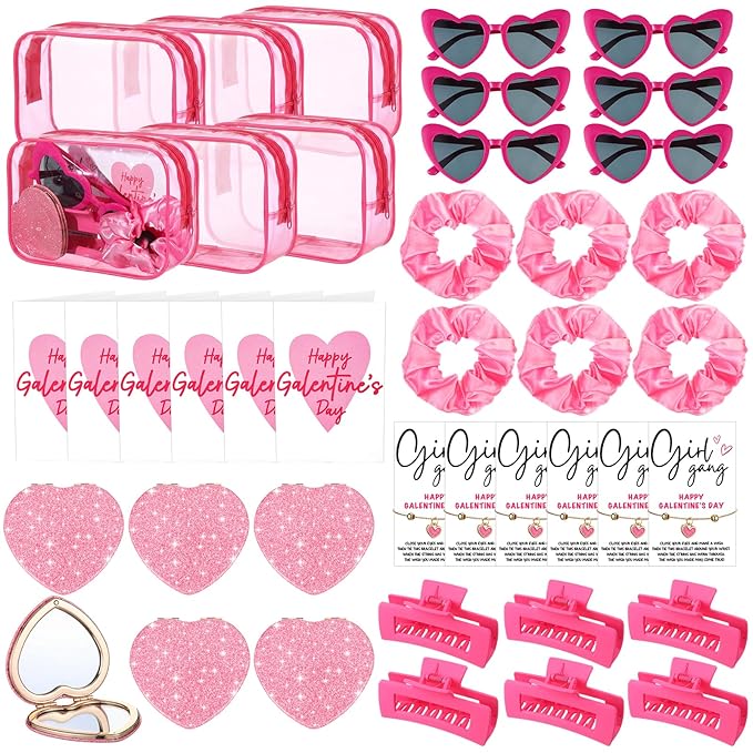Zeyune 42 Pcs Galentine's Day Gifts Set Valentine's Pink Gift 6 Sets Include PVC Makeup Bags Glasses Mirror Hair Claw Clips Scrunchies Bracelets Greeting Cards for Women Friends Party Favors