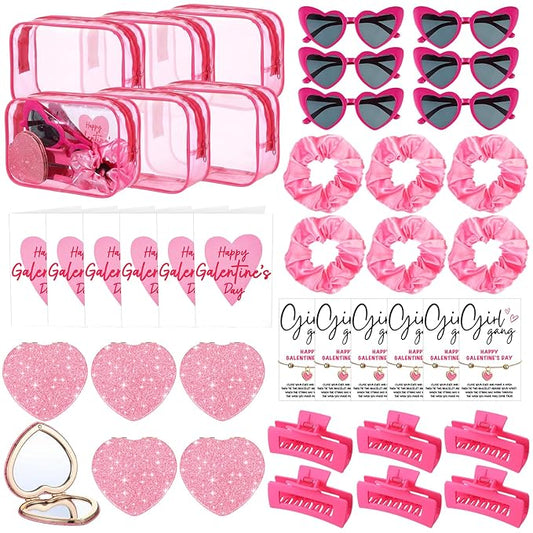 Zeyune 42 Pcs Galentine's Day Gifts Set Valentine's Pink Gift 6 Sets Include PVC Makeup Bags Glasses Mirror Hair Claw Clips Scrunchies Bracelets Greeting Cards for Women Friends Party Favors