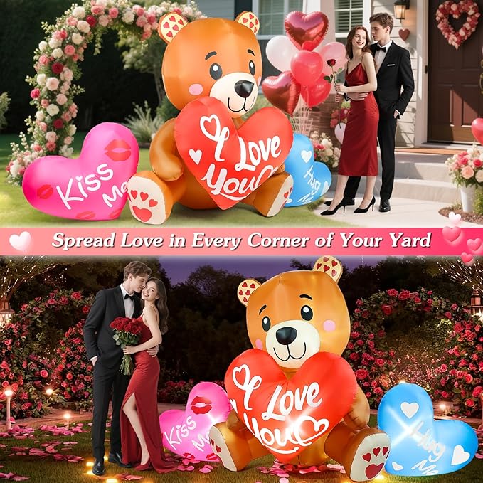 LETIME 10.5 FT Long Valentines Inflatables Outdoor Decorations Valentines Day Blow up Bear with Hearts and LED Lights for Holiday Party Outdoor Yard Garden Lawn Wedding Anniversary
