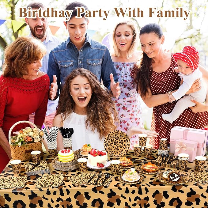 452 Pcs Leopard Print Party Decoration, Cheetah Print Paper Plates Napkins Cups Tablecloth Cutlery Straws for Jungle Safari Animal Theme Birthday Baby Shower Party Supplies Serve 50