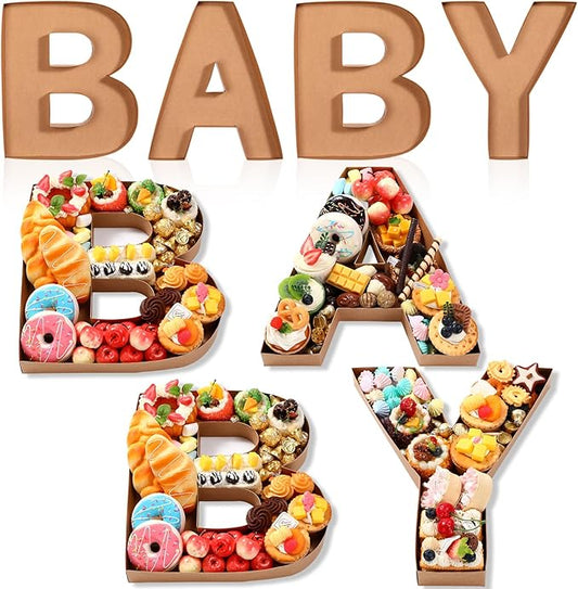 Mifoci 4 Pcs Large Baby Shower Food Trays 13.7" Charcuterie Cardboard Letter Shaped Serving Platter Fillable Boxes for Gender Reveal Baby Shower Party Paper Chocolate Candy Decoration(Brown)