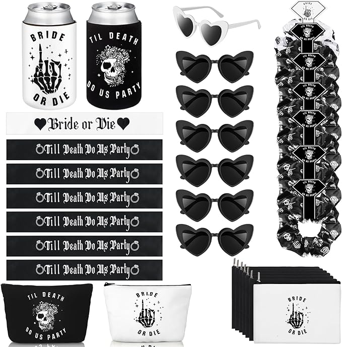Domensi 35 Pcs Bride or Die Bachelorette Party Decorations Till Death Do Us Party Gifts Including Hair Scrunchies Heart Sunglasses Sash Makeup Bag Beer Can Cooler Sleeves for Wedding Supplies Gift