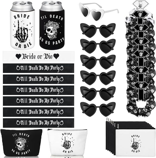 Domensi 35 Pcs Bride or Die Bachelorette Party Decorations Till Death Do Us Party Gifts Including Hair Scrunchies Heart Sunglasses Sash Makeup Bag Beer Can Cooler Sleeves for Wedding Supplies Gift