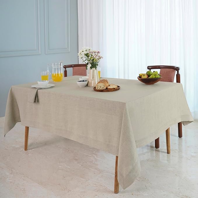 D'Moksha Homes Linen Natural Tablecloth 60 x 132 Inch - 100% Pure Linen Rectangular Tablecloth - Machine Washable Table Cloth for Valentines, Spring, Easter