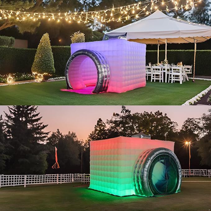 SAYOK Inflatable Photo Booth with Lights, Portable Camera Shaped Cube Tent with Blower, 11.5x9.2x8.2ft (White/Silver), Backdrop for Wedding Events, Parties, Exhibitions