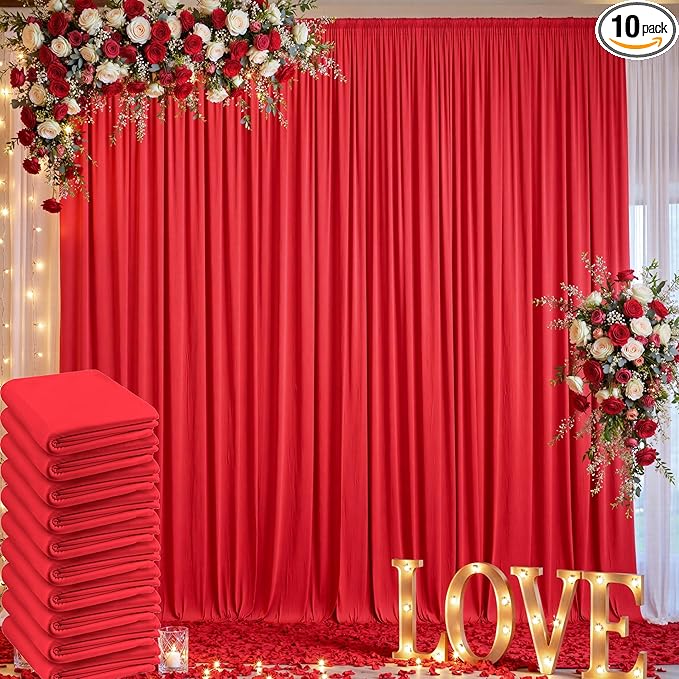 50ft×10ft Wrinkle Free Red Backdrop Curtains for Parties, 10 Panels 5×10ft Thick Silky Polyester Red Photo Backdrop Drapes Curtain for Themed Party Birthday Baby Shower Baptism Wedding Photography