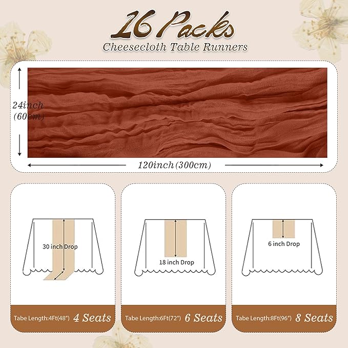 16Packs Red Cheesecloth Table Runners – Boho Gauze Vintage Table Decor, 120 Inch Long Rustic Cloth Runner for Wedding, Bridal Shower, Birthday, Romantic Party 10Ft (Terracotta, 24" x 120"-16Packs)
