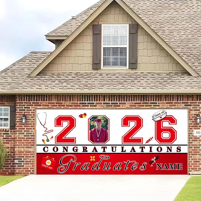 Custom Photo Graduation Garage Door Banner Personalized 2026 Grad Banner 7x16ft Porch Door Sign Decoration Outdoor Photo Booth Backdrop Party Supplies(Nurse Red)