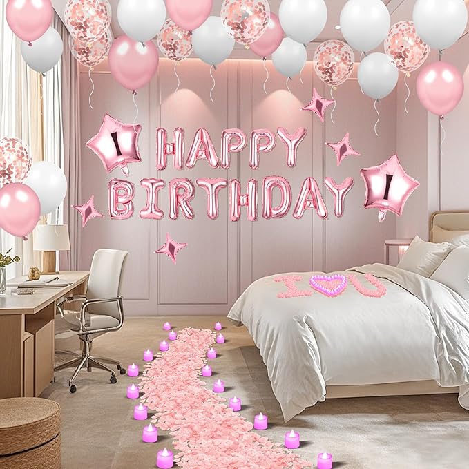 Pink Happy Birthday Balloons Decorations Pink White Birthday Balloon Letters Banner with 6 Pcs Star Balloons Artificial Rose Petal 24 Flameless LED Candles for Room Hotel Party Decorations Supplies
