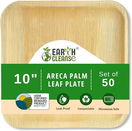 Compostable Palm Leaf Plates 10" Square (50 Pack) | Disposable Biodegradable Plates Like Bamboo & Wooden | Microwave & Oven Safe | Eco-Friendly