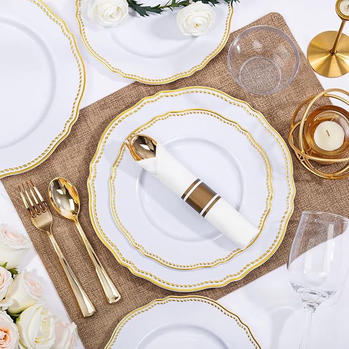 Hioasis 350pcs White and Gold Plastic Plates - Gold Plastic Dinnerware Set Includes 50 Dinner Plates, 50 Dessert Dinnerware, 50 Cups, 50 Rolled Napkin Cutlery Perfect for Wedding & Party