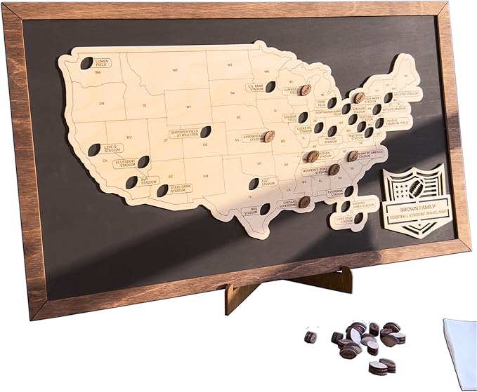 Personalized Wooden American Football Stadium Tracker Map - Football Stadium Bucket List - Custom Travel Map - Handcrafted Wall Art - Unique Gift for Football Fans (Without Silhouette)