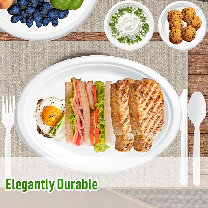 Compostable Heavy Duty Disposable Oval Paper Plates, 150 Count | 12.5 Inch | Natural Bagasse, Biodegradable Eco-Friendly Sugarcane BBQ, Party, Gathering, Picnic White Sugarcane Tray