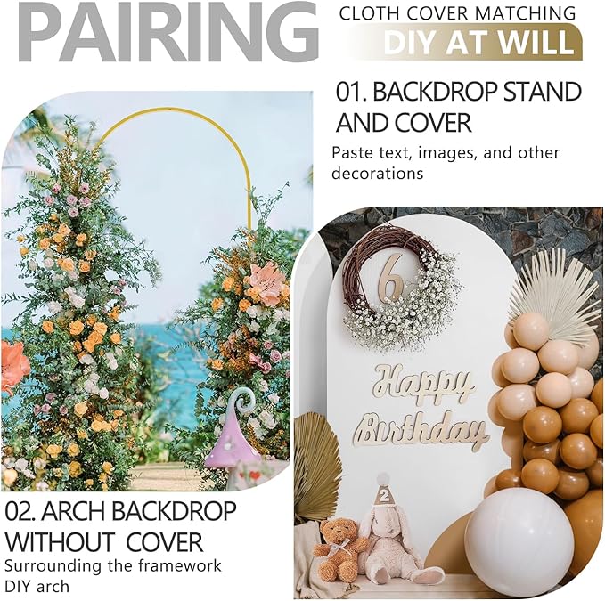 Arch Backdrop Stand and Cover Set, 2 Metal Balloon Arch Backdrop 7.2ft 6ft, Gold Arched Stand Frame for Wedding, Parties,Birthday,Decorations (White,7.2ft+6ft)