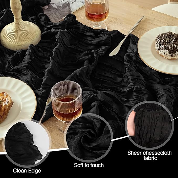 12 Pack Cheesecloth Table Runner 120 Inch Boho Rustic Gauze 10 FT Black Cheese Cloths Table Runners Decorations for Halloween Birthday Party Baby Shower Wedding Holiday Home Decor