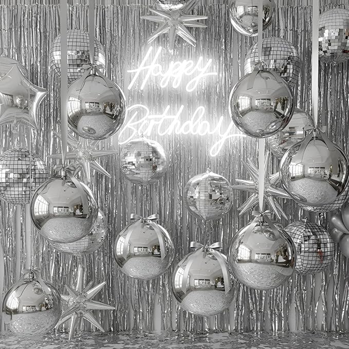 Jenaai 30 Set Round Foil Balloons Bulk 22 Inch 4d Metallic Giant Balloons Set with Satin Bows Ribbon for Ceiling Holiday Ornaments New Year Birthday Wedding Party Decoration(Silver)