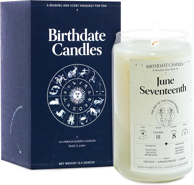 Birthdate Candles, June 17 - Gemini Zodiac Scented Candles Birthday Gift - Orchid, Sandalwood & Lemon Scent - All-Natural Soy & Coconut Wax, 60-80 Hour Burn Time - Made in USA