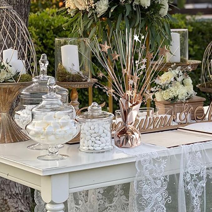 12 Pack Metallic Rose Gold Foil Spray Centerpieces Stars Brust Table Centerpieces for Wedding Birthday Anniversary Holiday Party Decor, Metallic Star Balloon Wights for Party