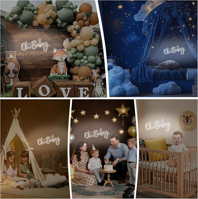 Oh Baby Neon Sign for Backdrop Wall Decor, Baby Shower LED Neon Light for Wall Decor, 19.6×8.6 Inch Large Size, USB Powered for Party Decorations & Night Lighting, Birthday Wedding Bar (White)