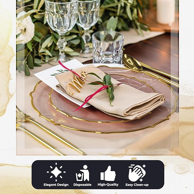 Exquisite Plastic Plates for Party 40 Piece Fancy Plastic Dinner Plates For 20 Guests 20 X 7.5 Dessert Plates & 20 X 10 Thin Delicate Disposable Dinnerware Charger Plate Pink Rose Gold Rim