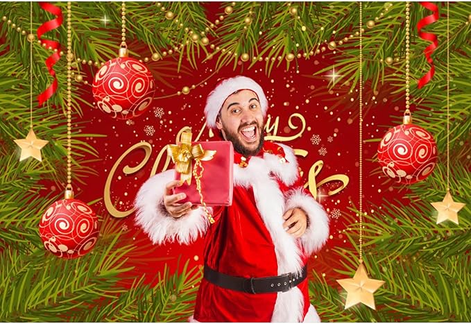 Baocicco 10x7ft Merry Christmas Backdrops for Photoshoot Green and Red Leaves Baubles Snowflake New Year Eve Banner Backdrop Xmas Party Decorations Winter Holiday Banner Photo Booth Studio Prop