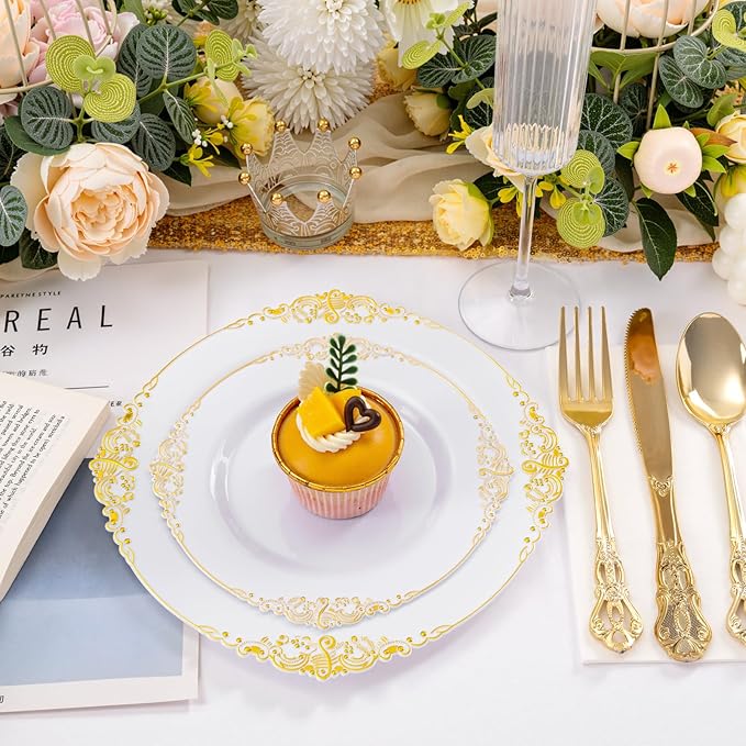 200PCS White and Gold Plates - Gold Plastic Plates - Fancy Disposable Plate - Gorgeous Dinner & Dessert Plate for 100 Guests for Wedding & Party