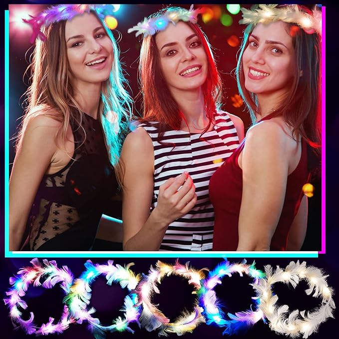 Taiyin 30 Pieces LED Feather Crown Headband Light up Angel Wreath Headband Flower Crowns for Women Wedding Halloween Birthday Valentine's Day Party Gift (Multiple Colors)