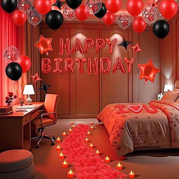 Red Happy Birthday Balloons Decorations Red and Black Birthday Balloon Letters Banner with 6 Pcs Star Balloons Red Artificial Rose Petals 24 Flameless LED Candles for Red Birthday Party Supplies