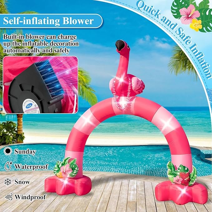 Eyourlife 12FT Pink Flamingo Inflatable Arch,Giant Blow-Up Flamingo Outdoor Decor with Built-in 6 LED Lights and 1Blower for Summer Yard Garden Birthday Luau Beach Party Take Photos