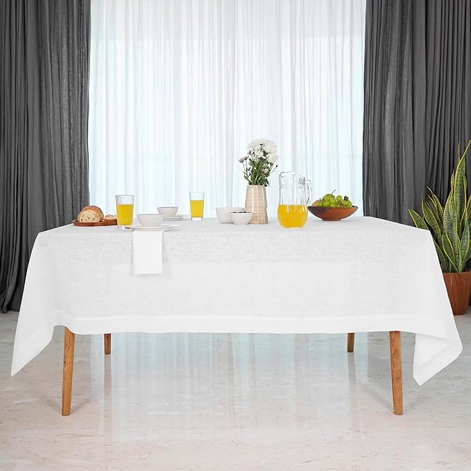 D'Moksha Homes White Linen Tablecloth 60 x 156 Inch - 100% Pure Linen Tablecloth for Rectangle Tables - Machine Washable Table Cloth for Valentines, Spring, Easter