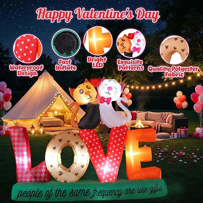 7.2Ft Valentines Inflatables Outdoor Decorations Love Letters Cuddling Cats, LED Blow Up Yard Garden Decor for Wedding Proposal Anniversary, Waterproof Lawn Display with 6 Stakes