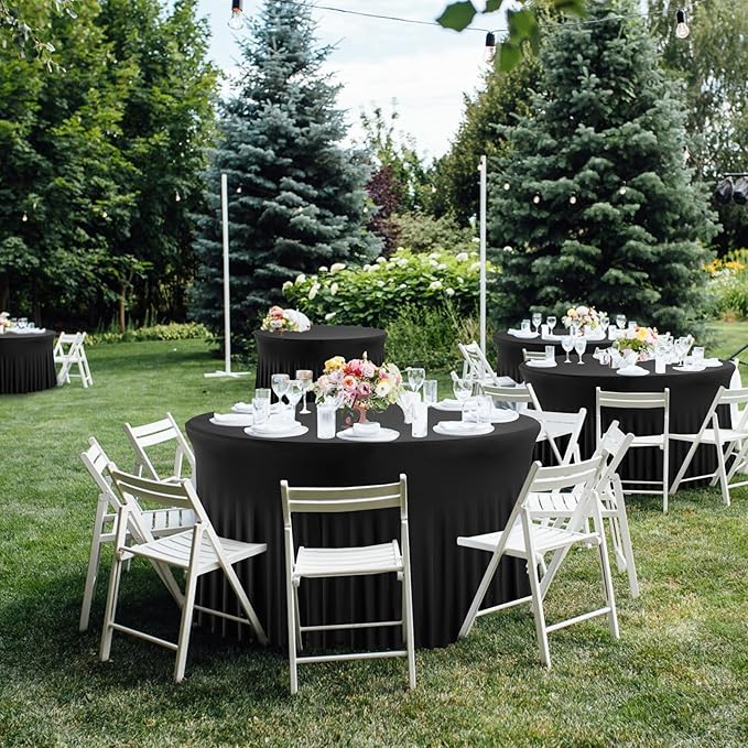 2 Pack Black Round Spandex Tablecloth 60 Inch, Wrinkle Free Stretch 120 Inch Fitted 5ft Black Table Cloths Round Table Covers with Ruffle Skirt for Graduation Wedding Party Banquet