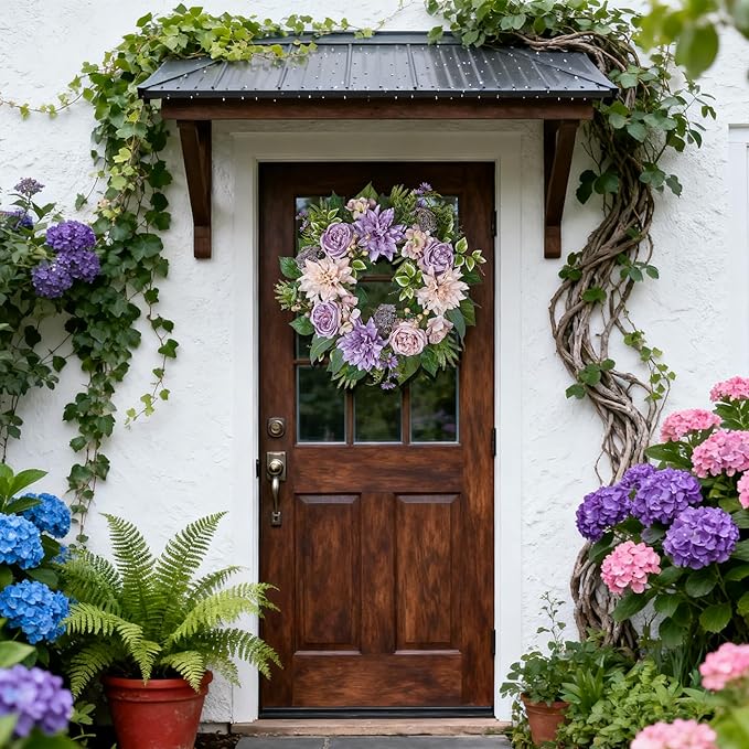 24 Inch Spring Wreath for Front Door with Roses Dahlias Silk Flowers with Berry Greenery for All Seasons Indoor Outdoor Porch Wedding Wall Farmhouse Porch Wall Living Room Home Widding Decor