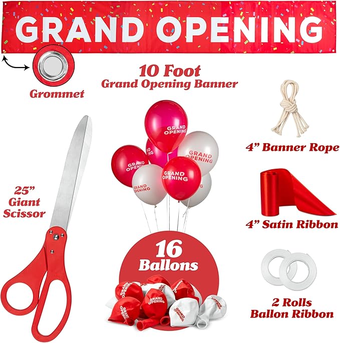 Deluxe Grand Opening Ribbon Cutting Ceremony Kit - 25" Giant Scissors with Red Satin Ribbon, Banner, Bows, Balloons & More