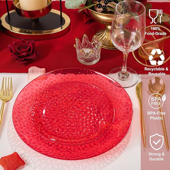 Rubtlamp 60 Pcs Red Plasitc Plates, Heavy Duty, Disposable,Clear Red Disposable Plates, Hammered Plastic plates Include 30 Dessert Platos, 30 Dinner Platos for Party