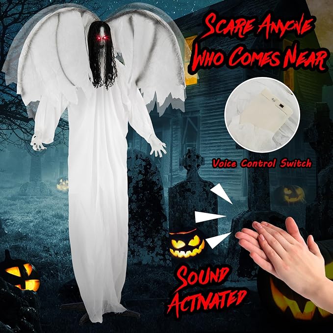 BECOMFORT 6.6 FT Halloween Animatronics, Sound-Activated Standing Angel with Flapping Wings, Glowing Eyes, Creepy Sounds & Posable Arms, Animated Halloween Props Decoration for Indoor & Outdoor