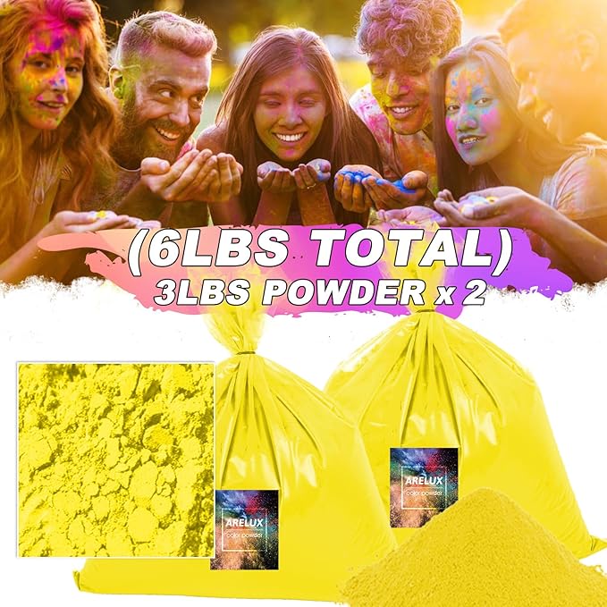 ARELUX Bright Yellow Color Powder - 6lbs Bulk (2x3lb) for Color Wars, Powder War & Fun Events | Durable Individual Packets, Vibrant Holi Powder for Gender Reveal, Run, Rangoli, Parties | Non-Toxic