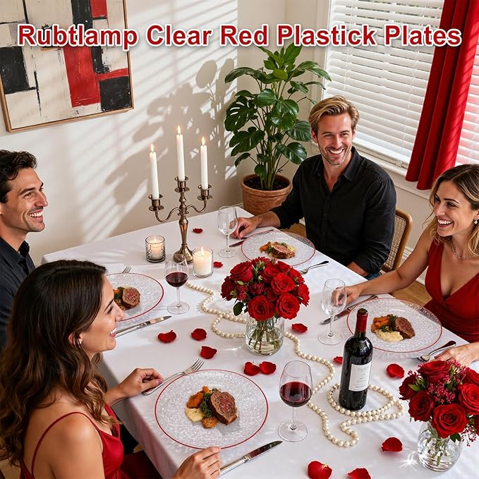 Rubtlamp 60Pcs Red Plastic Plates, Clear Plastic Plates With Red Rim, Heavy Duty Disposable Plates for Party, Fancy Hammered Plates Include 30 Red Dinner Plates 30 Clear Cake Plates