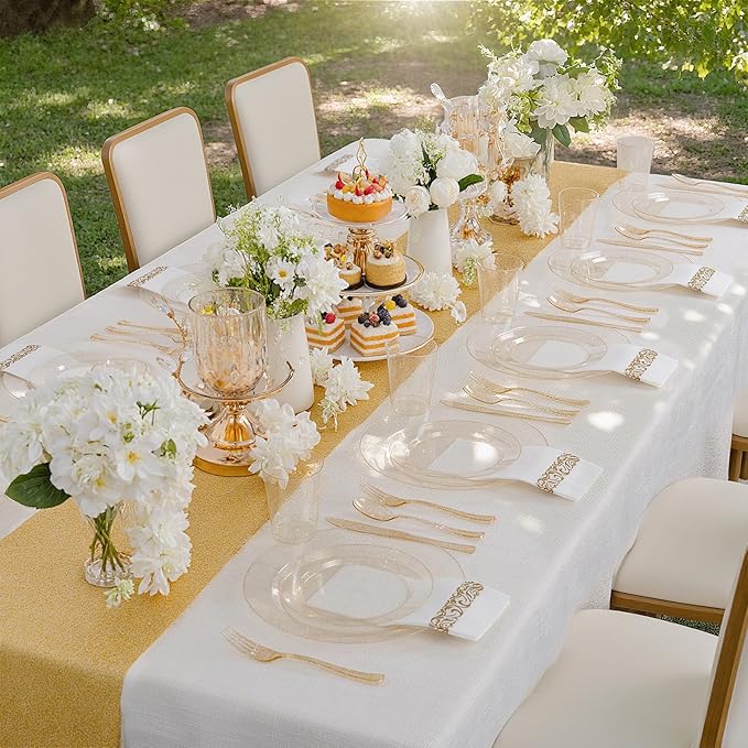 Supernal 400pcs Gold Glitter Plastic Dinnerware, Disposable Plates for Party Include 50 Gold Plastic Plate, 50pcs Dessert Plate 100 Glitter Forks, 50 Disposable Knives and Spoons, 50Cups and Napkins