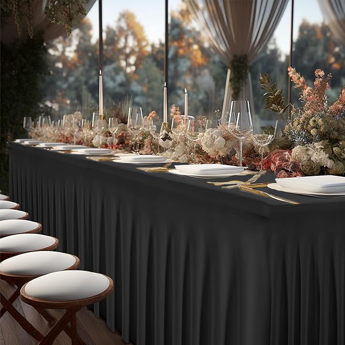 2 Packs Black Table Clothes for 8 Foot Rectangle Tables, Wrinkle Resistant Stretch Spandex Table Covers Fitted Tablecloth with Skirt for Event Banquet Wedding Birthday Party
