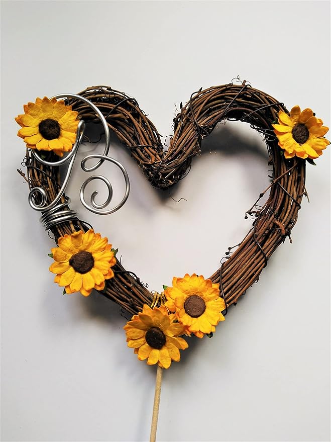 Country Wedding Cake Topper with Letter Personalization and Sunflowers