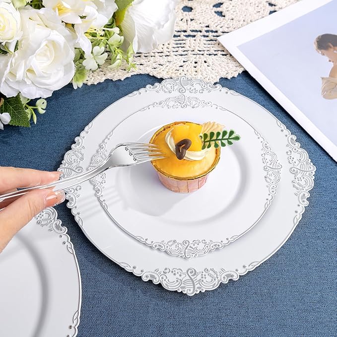 YOUBET 600PCS Silver Plastic Plates - White and Silver Disposable Plates - Silvery Plastic Dinnerware Set - Include 200 Plates, 300 Heavy Duty Silverware, 100 Cups for Wedding & Party