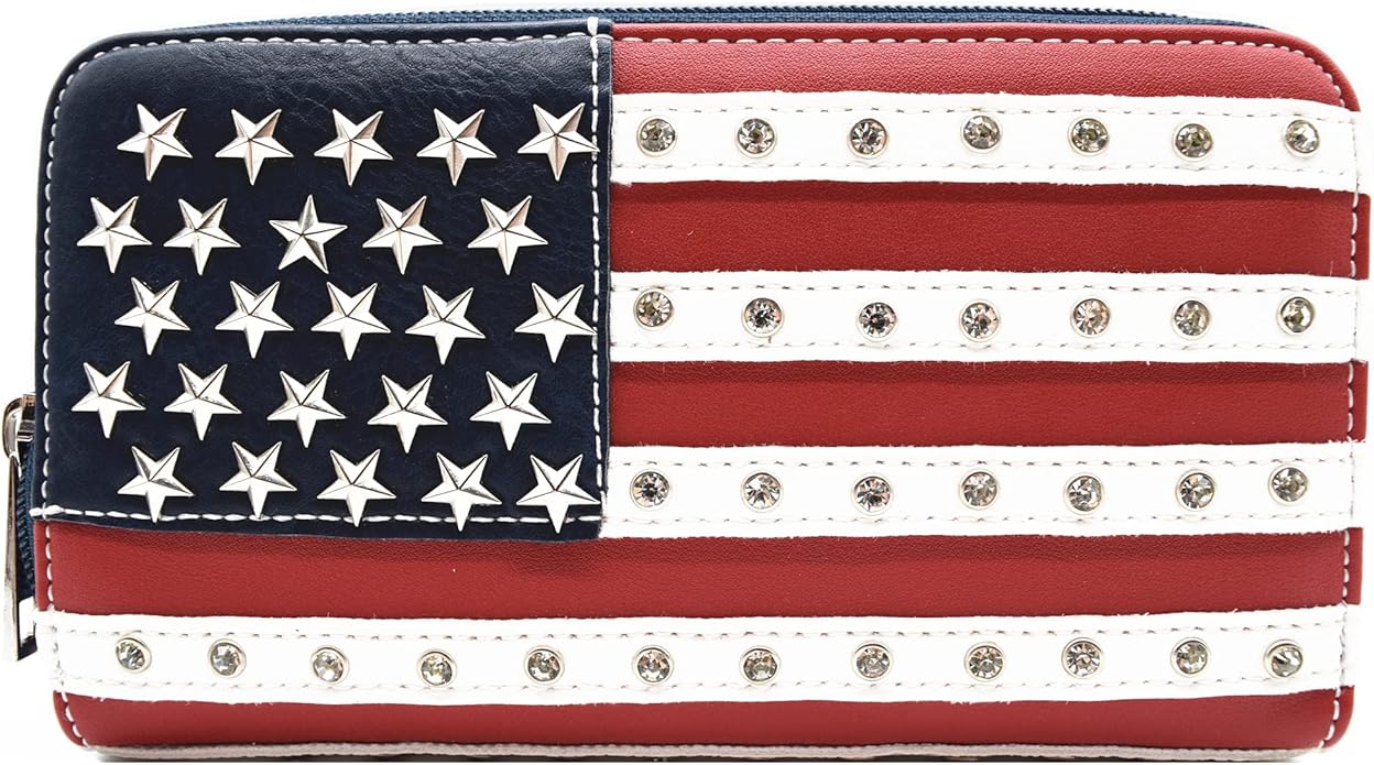 American Flag USA Stars and Stripes Patriotic Leather Purse Women Rhinestone Country Handbag Wallet Set Red White and Blue