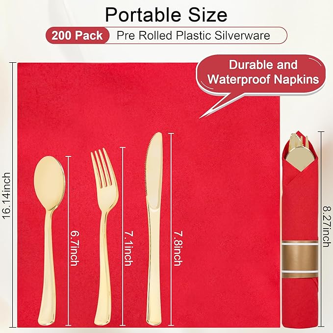 800 PCS Pre Rolled Cutlery Sets, Premium Plastic Flatware Set Wrapped in Red Napkin, Disposable Cutlery Set with 200 Forks, 200 Knives, 200 Spoons, 200 Napkins for Upscale Wedding, Party, Dinner