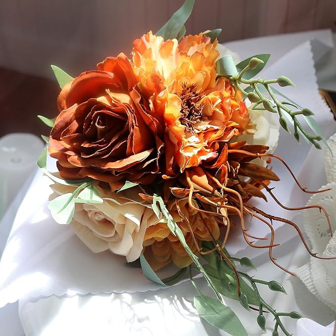 Bridesmaid Bouquets for Wedding - Set of 4 Artificial Flowers Small Bouquet for Fall Marriage Proposal Party Ceremony Anniversary Dining Table Centerpieces - Burnt Orange, 7 Inch