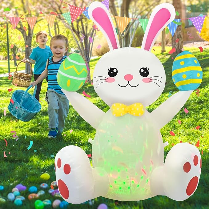 Easter Inflatables Outdoor Decorations 4ft Cute Inflatable Bunny Hold Eggs Blow Up Yard with LED Lighted Colorful Happy Rabbit Blow Ups for Outside Holiday Party Garden Lawn Indoor Home Decor