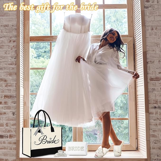 Bride to Be Gifts, Bridal Shower Gifts, Wedding Gift, Bride Tote Bag Makeup Bag Robe Slippers Hair Clip I Do Slippers Wedding Robe Cosmetic Bag