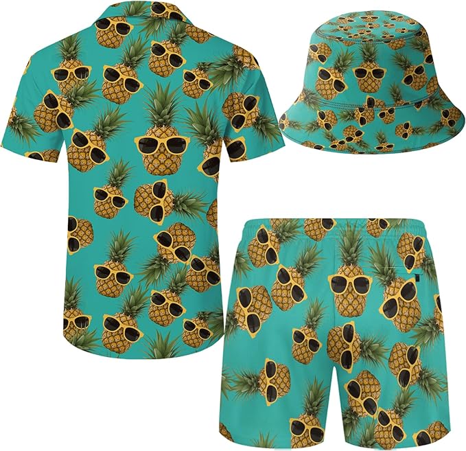 Men's Hawaiian Shirt and Shorts Set 2 Piece Beach Outfits with Bucket Hats for Beach Days and Summer Vibes