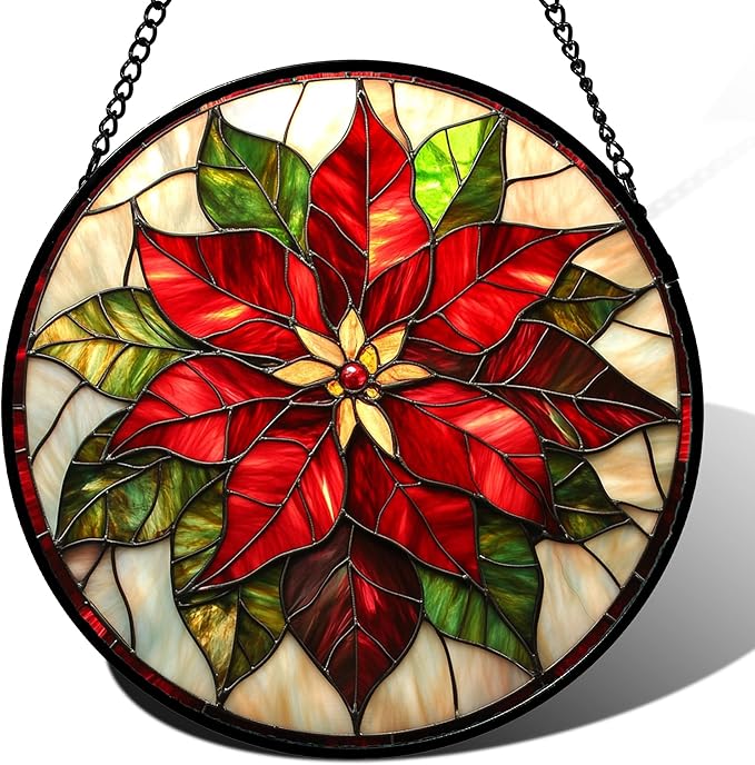 Stained Glass Window Hanging - Red Poinsettia Birth Flowers Suncatcher for Door Garden Yard Sun Catchers Decor Christmas Mother's Day Birthday Gifts for Women Mom Nana Teacher Friend 11.8 in