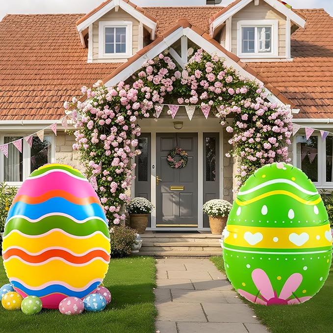 Liliful 2 Pcs 40inch Giant Easter Inflatables PVC Decorations Standing Blow up Colorful Easter Egg Rabbit Bunny Outdoor Decor for Holiday Party Yard Indoor Outdoor Garden Lawn (Wave Heart)